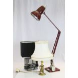 Vintage angle poise lamp, one other modernist mirrored lamp and a bedside lamp