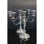 Pair of three branched silver plated candlesticks