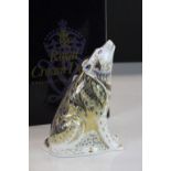 Boxed Royal Crown Derby howling wolf gold stopper