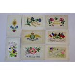 A Collection Of Eight World War One / WW1 Silk Postcards To Include Two Regimental Examples To The