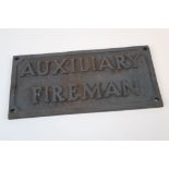 A World War Two / WW2 Auxiliary Fireman Cast Iron Door Plaque / Sign. Measures Approx 8" x 4".