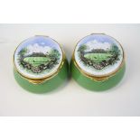 Pair of Staffordshire Enamels Hand Painted Pill Boxes decorated with scenes of Chewton Glen