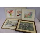 Ann Stafford pastel of a field of flowers,two floral prints by and a rural river scene.
