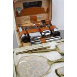 Boxed vintage Dressing table hand Mirror & brush set plus a boxed Leather cased Travel set