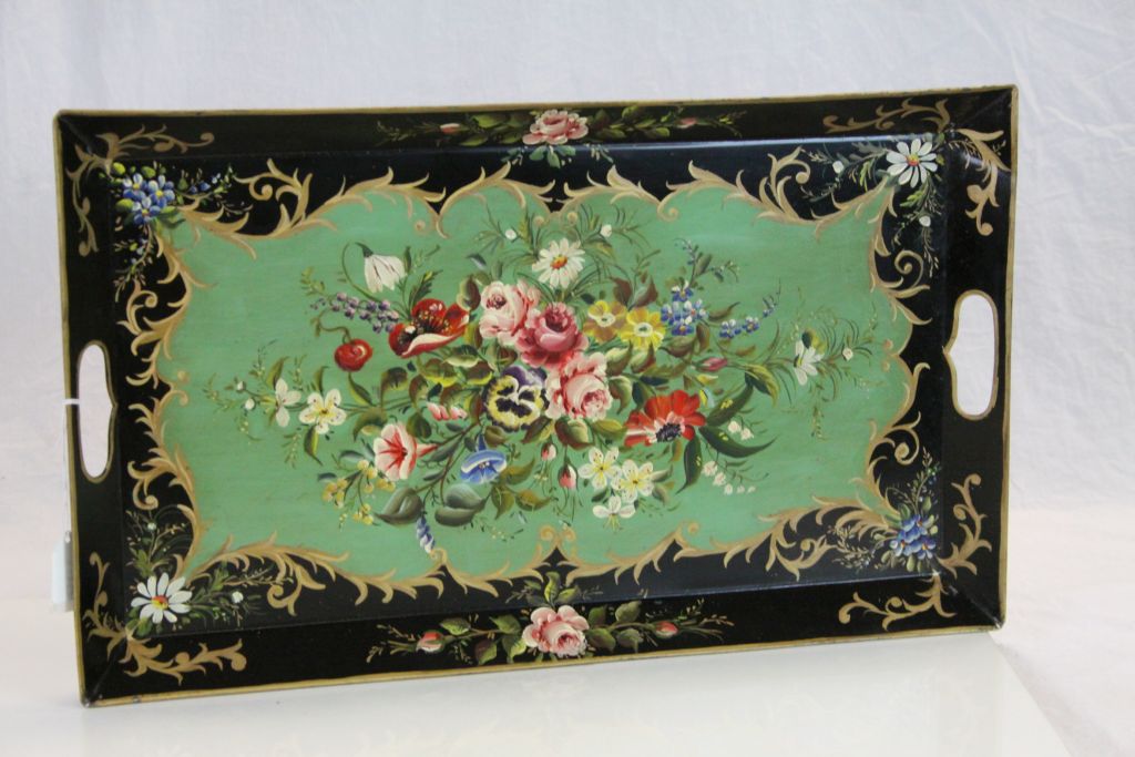 Late 19th / Early 20th century Black Toleware Tray with hand painted Still Life Floral Decoration.