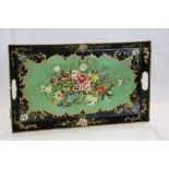 Late 19th / Early 20th century Black Toleware Tray with hand painted Still Life Floral Decoration.