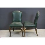 Pair of Early 20th century Queen Anne Style Chairs with Brass Studded Green Leather Effect Backs and