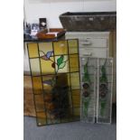 Three Leaded Stained Glass Panels with Floral Motifs, one x 105cms x 59cms and two x 84cms x 18cms