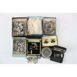Mixed collection of vintage Marcasite & other Costume jewellery & a Travel Inkwell