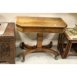 Regency Rosewood Fold Over Card Table with Brass Inlay and Beading, raised on a square central