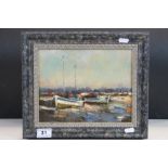 Framed Oil on board Harbour scene with indistinct signature, measures approx 19 x 24.5cm