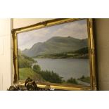 Gilt framed Oil on board of a Lake scene with Mountains, signed Gwilym Hughes, image approx 49 x