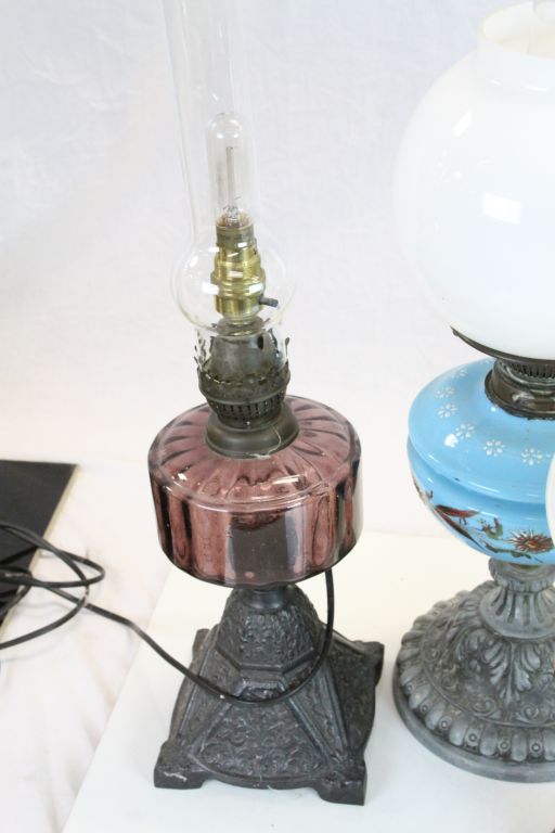 Three vintage Oil Lamps, one with painted blue Glass reservoir & white Glass shade, one with - Image 3 of 5