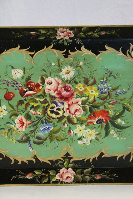 Late 19th / Early 20th century Black Toleware Tray with hand painted Still Life Floral Decoration. - Image 2 of 3
