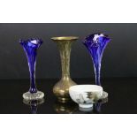 Pair of blue glass vases of naturalistic form, a brass vase and a ceramic bowl with butterfly