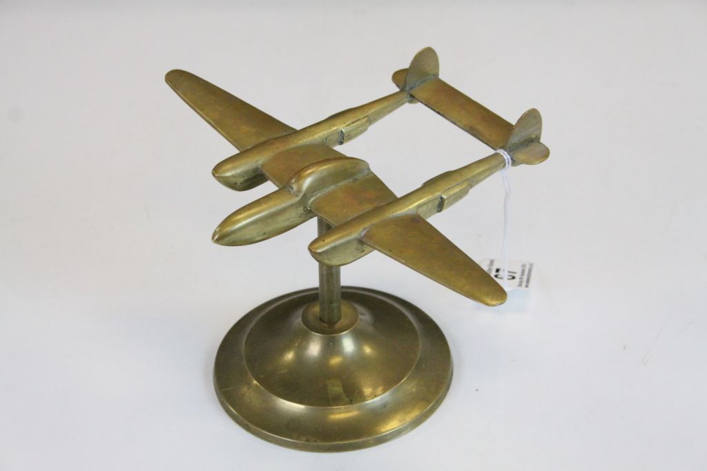 Brass Model of a World War II Fighter Airplane on Stand