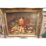 Contemporary gilt framed oil on canvas still life of fruit, unsigned, approx. 51cm x 63cm image