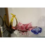 Three vintage Murano Glass items to include a Flower shaped bowl with Pink colour approx 31cm