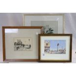 Three framed watercolours to include St Mary's Square signed F P.Arbutus strawberry tree with