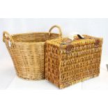 Two handled wicker log basket and a similar picnic basket