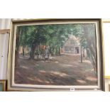 Large 20th century oil painting figures in a wooded garden setting indistincly signed and dated.
