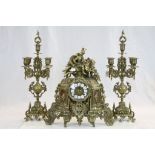 Key wind ornate Brass & Marble Mantle Clock with figure on Horseback plus two Garnitures of