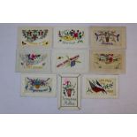 A Collection Of Nine World War One / WW1 Silk Postcards.