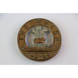 A Welsh Regiment Brass And White Metal Helmet Plate Centre Badge With Three Loop Attachments To