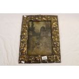 WW1 era Copper coin set Brass on Wooden framed Oil on canvas of a village scene & dated 1916,