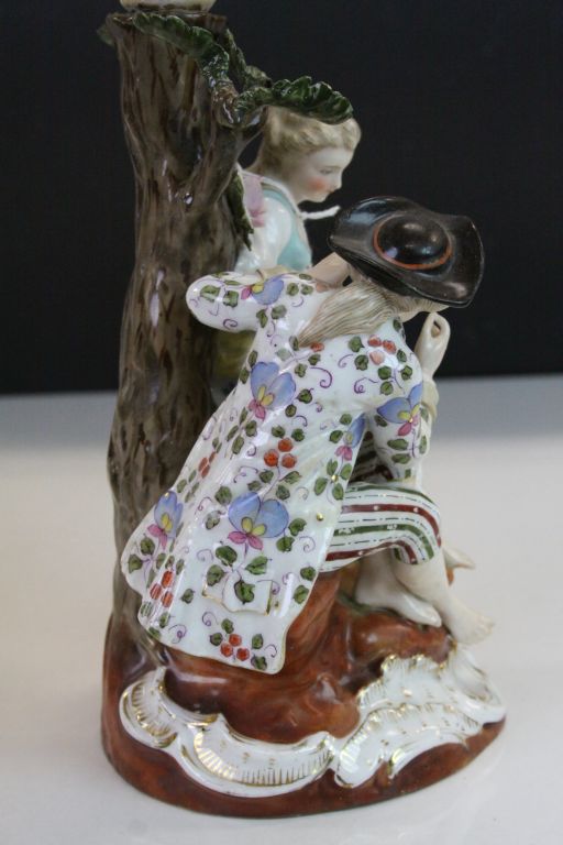 19th Century Dresden style candlestick with figurative decoration, blue mark to base - Image 4 of 8