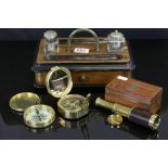 Cased contemporary Stanley of London pocket compass, a similar boxed telescope, brass compass,