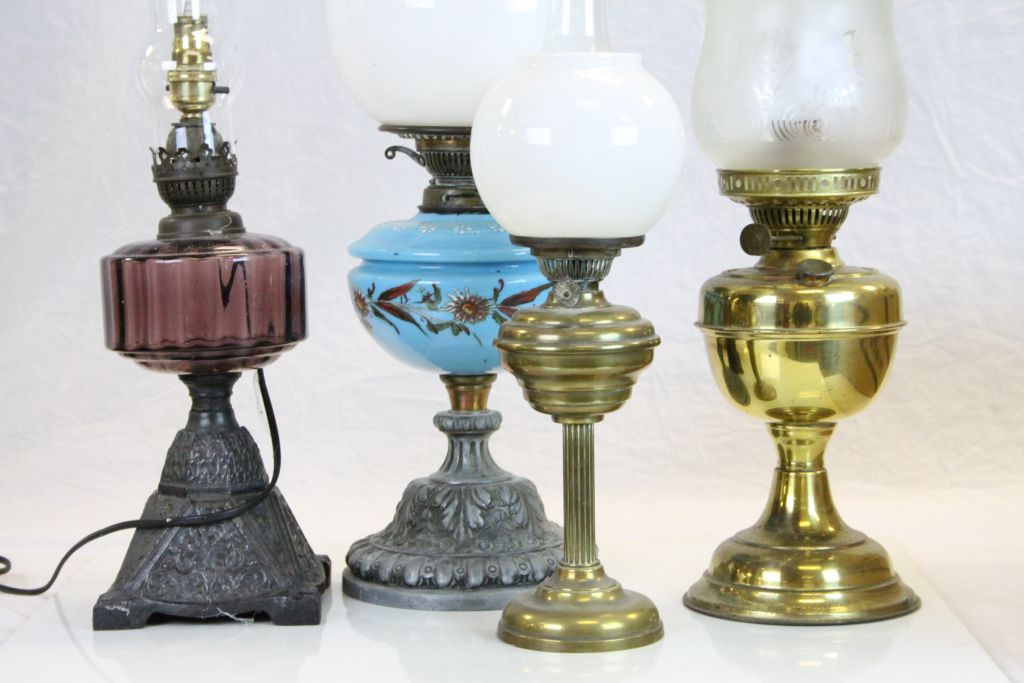 Three vintage Oil Lamps, one with painted blue Glass reservoir & white Glass shade, one with - Image 2 of 5