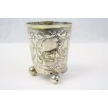 19th century Dutch Hallmarked Silver Beaker on three ball feet, with Scholarly Animal decoration &