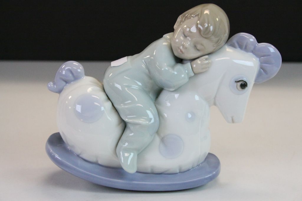 Three vintage Boxed Nao ceramic figurines to include a Child asleep on a Rocking Horse - Image 5 of 9