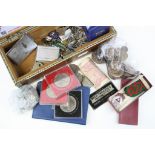 Ivory inlaid wooden Box containing a mix of vintage Coins, Enamel Badges, stamp Cases etc
