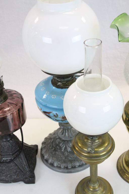 Three vintage Oil Lamps, one with painted blue Glass reservoir & white Glass shade, one with - Image 4 of 5