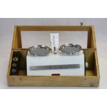 Vintage Wooden cased set of Scales with glazed front panel, scales by "Denward Instruments Ltd" &