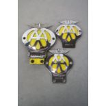 Vintage Quality Street tin containing three vintage AA Car Badges