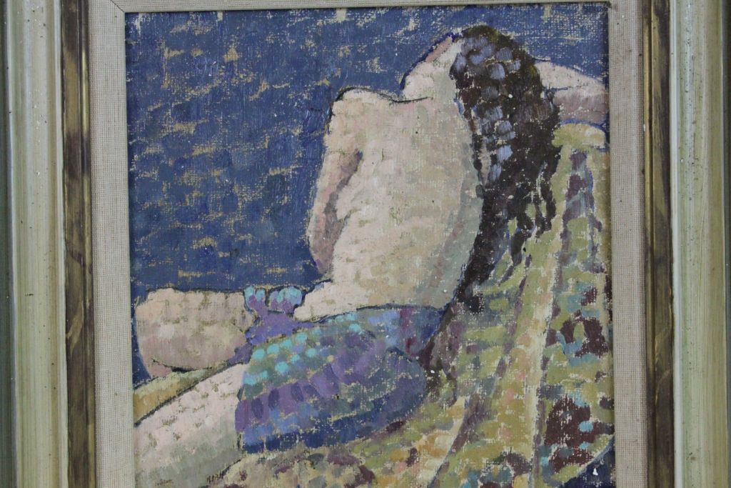 Contemporary oil on board of sleeping nude bather. - Image 2 of 3