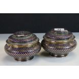 Pair of Asian Enamelled Copper canisters with lids & Gilt wash interiors, each approx 10cm in