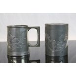 Vintage Oriental Pewter Tankard with glass base & Tea Caddy, both with Dragon decoration, the