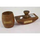 A Vintage Ink Blotter And Match Holder In The Form Of A Barrel, Both Made From The Teak Of The HMS