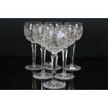 Set of six Cut crystal wine glasses, etched "Waterford" to the bases and each approx 18.5cm tall