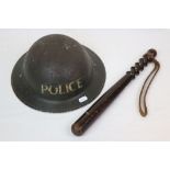 A World War Two / WW2 1939 Dated Police Helmet With Good Original Paint Together With Truncheon.