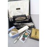 Cased vintage Hallmarked Silver fitted Manicure set, boxed Hallmarked Silver Napkin ring, Leather