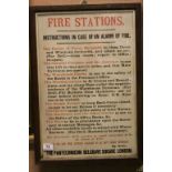 Framed and Glazed Vintage Poster Sign ' Fire Stations, Instructions in Case of and Alarm of