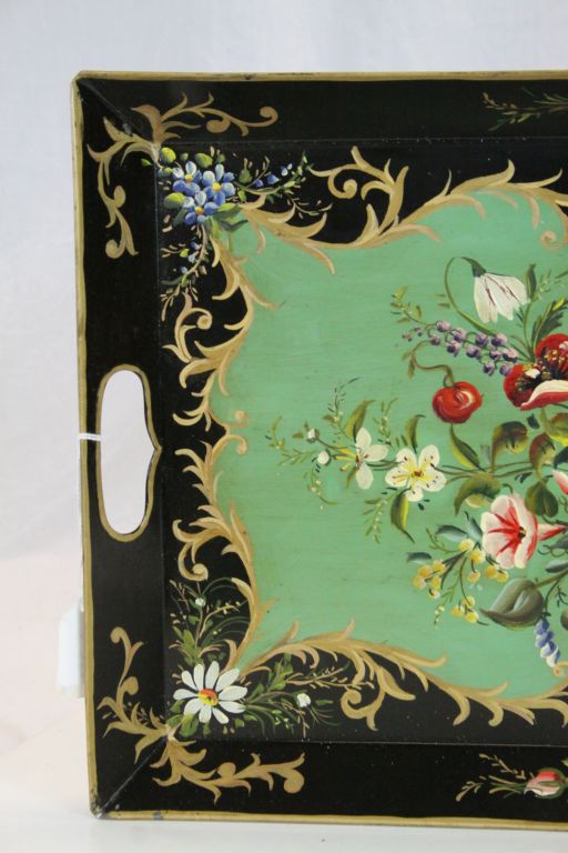 Late 19th / Early 20th century Black Toleware Tray with hand painted Still Life Floral Decoration. - Image 3 of 3