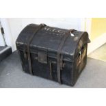Victorian Canvas and Leather Bound Domed Top Travelling Trunk with Small Leather Suitcase, 77cms