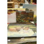 A quantity of unframed oil paintings to include portraits, landscapes etc.
