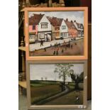 Pair of framed Oil on canvas pictures, one of a Village scene, the other Countryside, both signed